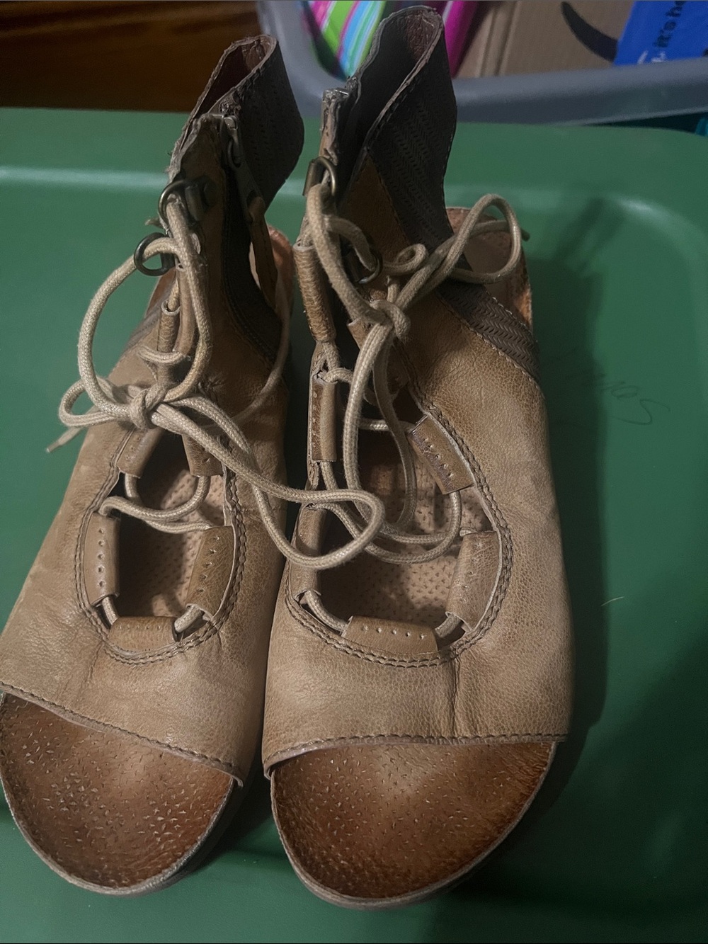 Miz Mooz Tan and Brown Lace-Up Open-Toe Sandals